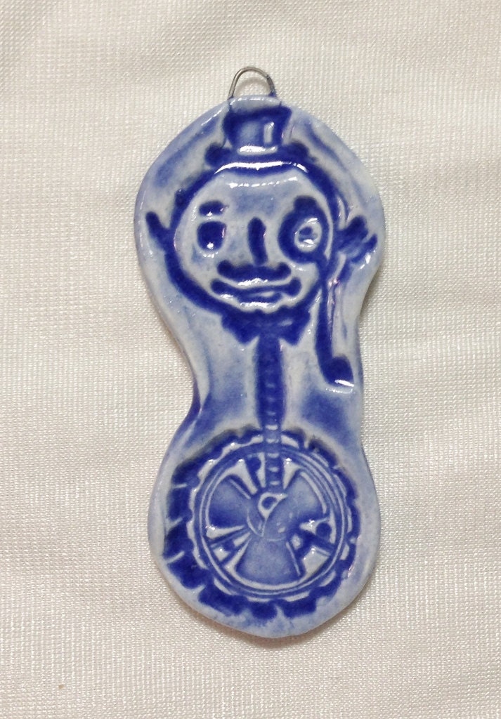 Big Fun Unicycle Guy Ceramic BluePendant Steampunk Bohemian