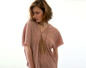 Pink pleated shirt , evening blouse , V-neck