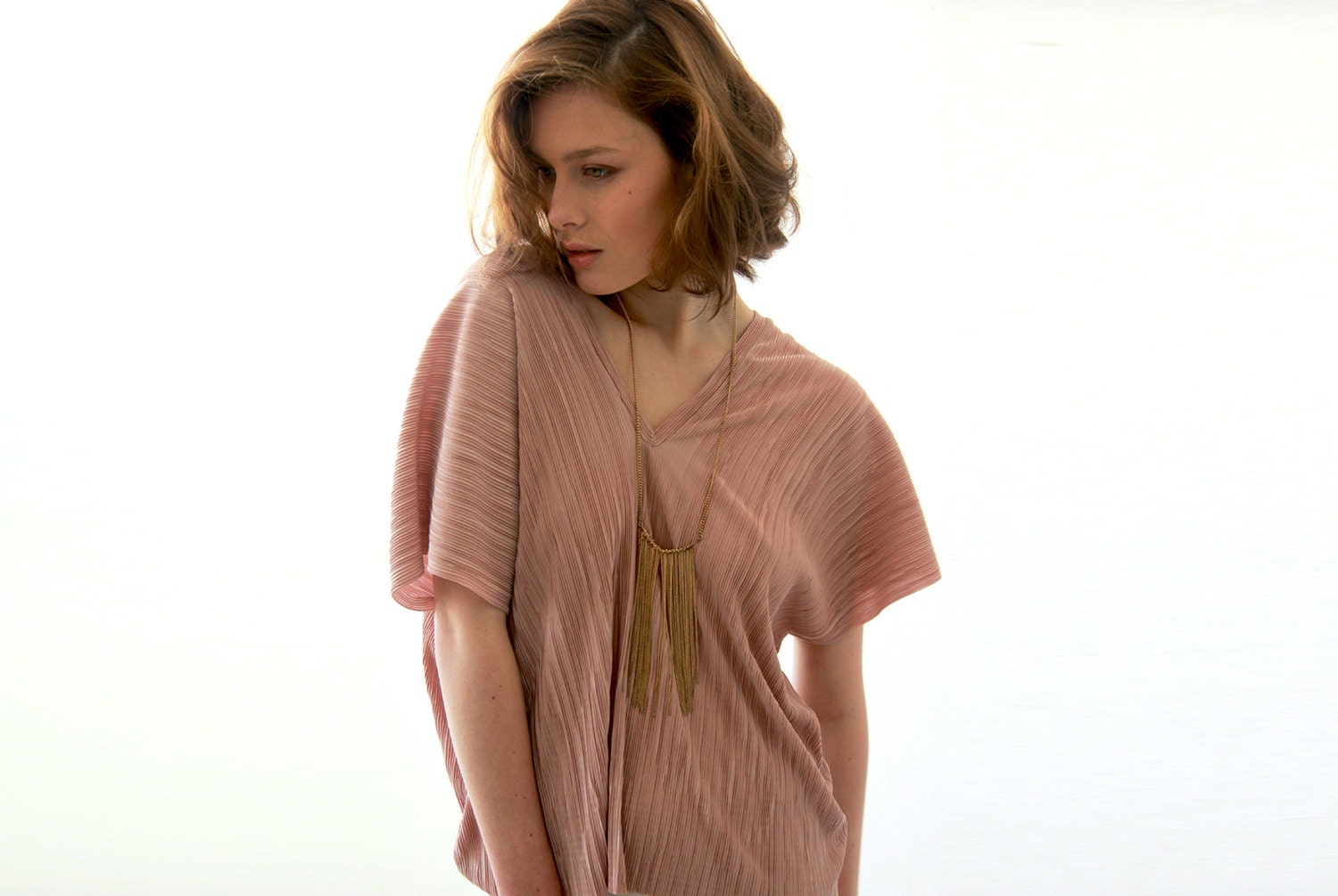 Pink pleated shirt , evening blouse , V-neck