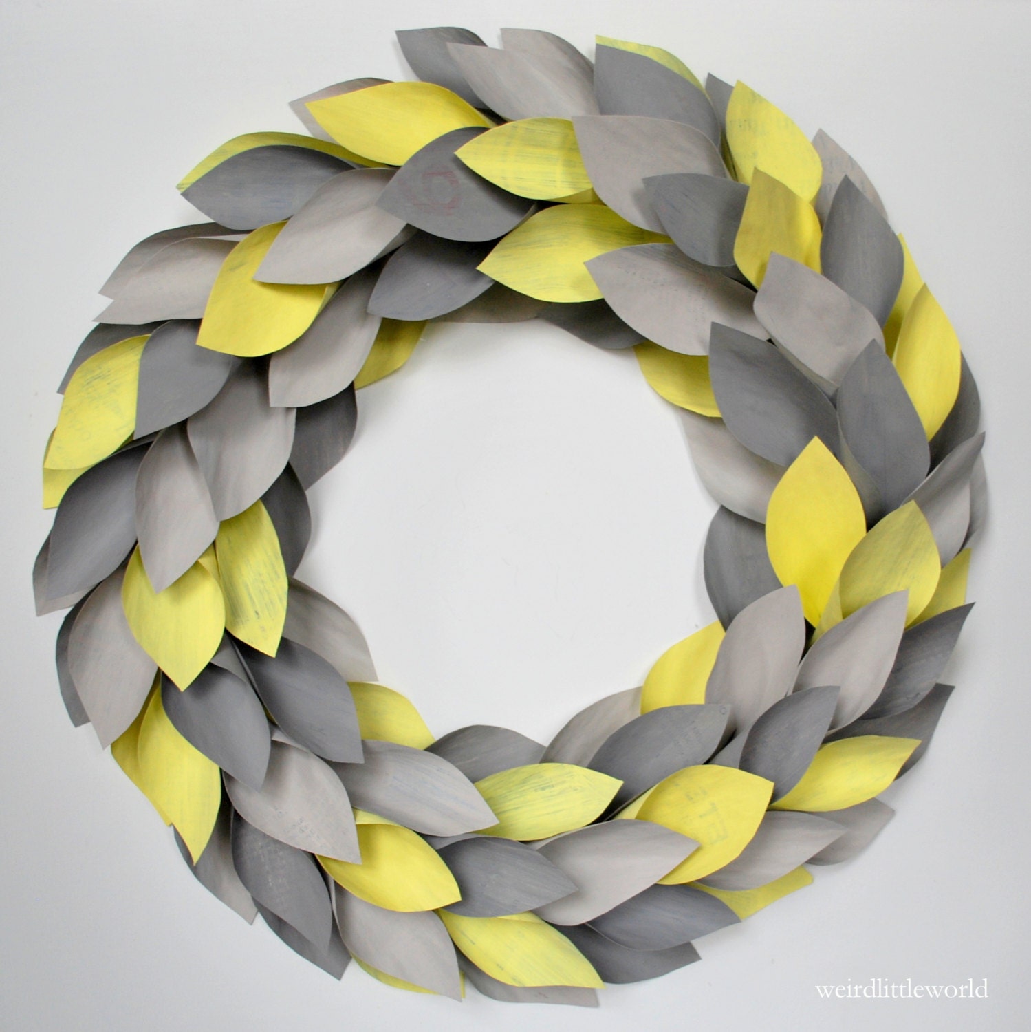 living room decor, spring wreath, modern cottage, modern decor,  Paper Wreath, Year Round Wreath, yellow grey decor, newspaper leaf