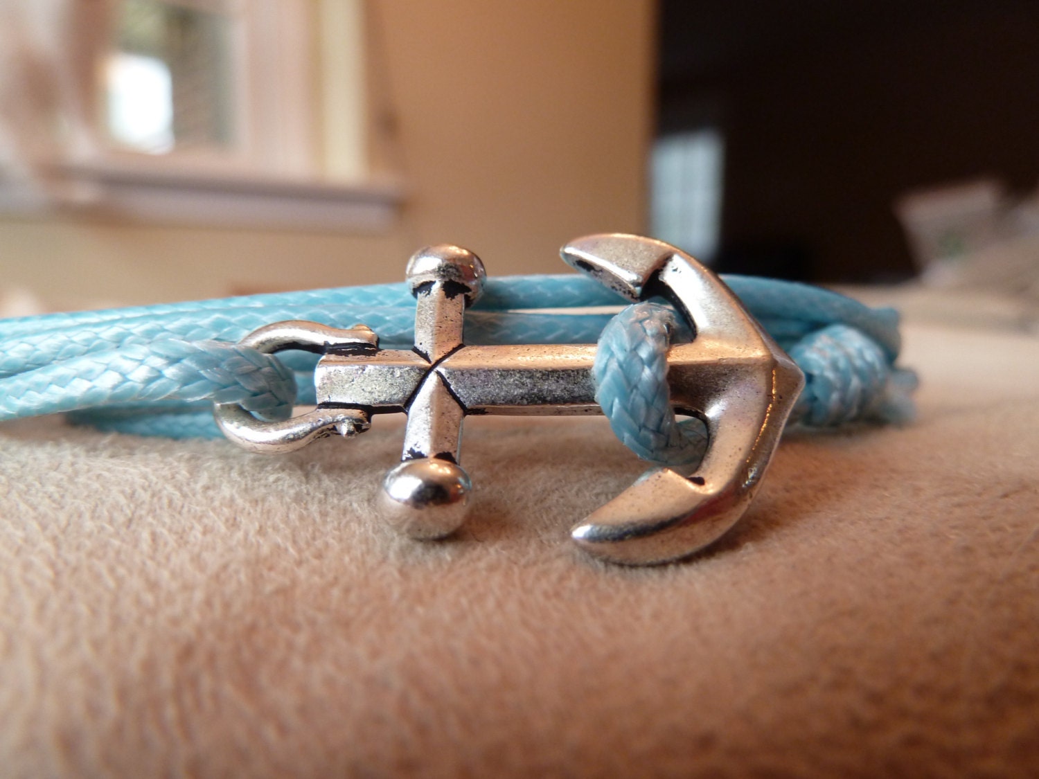 Light Blue Waxed Cotton Cord Wrap Bracelet with large Silver Anchor featuring adjustable slip knot