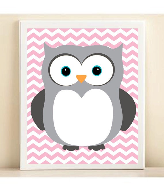 Nursery Chevron Owl Art Print: Pink Baby Girl Nursery Wall Decor - Customize To Your Colors 8x10