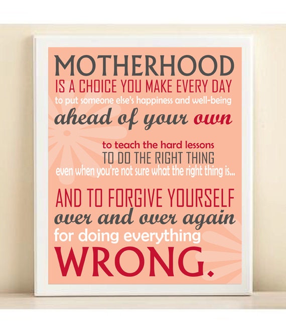 Motherhood Subway Art Print for Mothers Day or New Mom: 8x10 Inspirational Typography Quote Poster in Coral & Red
