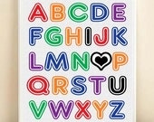 Nursery Art Print Baby Typography: ABC Alphabet I Love You 8x10 in Primary Colors or Custom