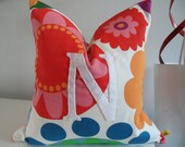 Custom Monogram Pillow Appliqued 16x16 Bright Flower Print Retro Pillow Designer Fabric Cotton Handmade