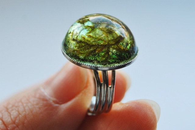 Green Moss Ring Real Forest Moss Pressed Flower Jewelry  Adjustable Round Resin Specimen