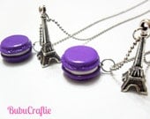 Purple French Macaroon and Eiffel Tower Necklace Polymer Clay