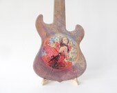 Guitar clock / Colorful Wall Clock/ Modern Clock/ Personalized Clock/ Woman in red dress