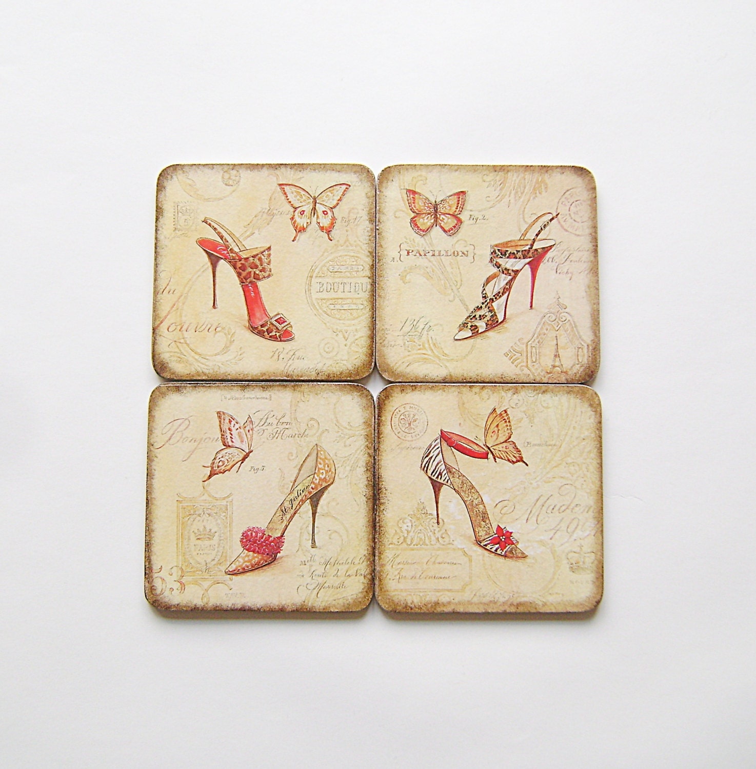 Wood Coasters, Wooden Square Vintage Style Coasters, Set of four , Gift for her, Valentines day,Women's shoes and Butterflies - NataliaDecor