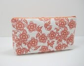 Sale, Large Cosmetic Pouch, Large Zippered Pouch, Orange Floral Travel Pouch, Diaper Pouch, Ready to ship