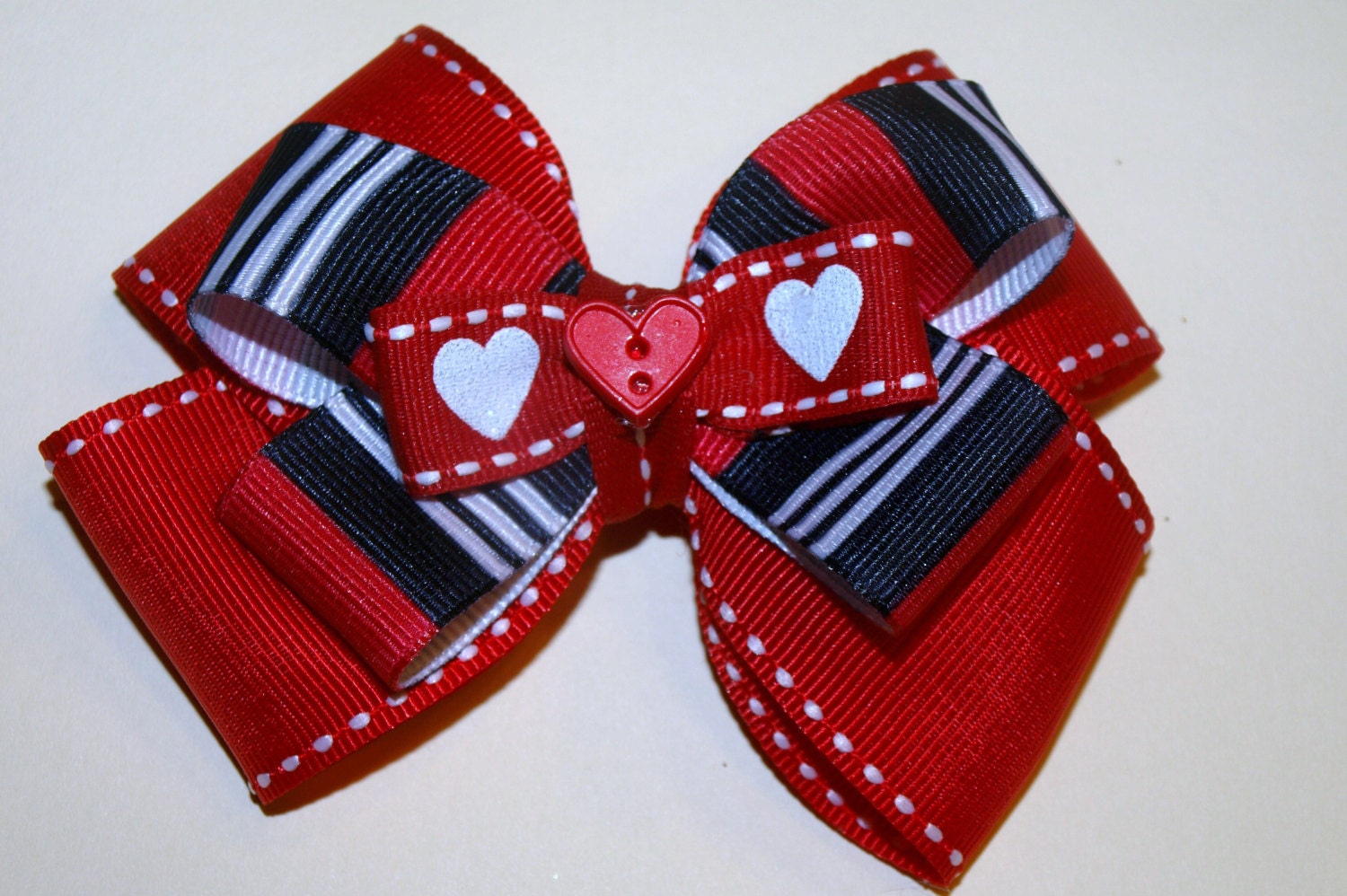 Red and black striped heart bow- girly hairbows- red hair accessories