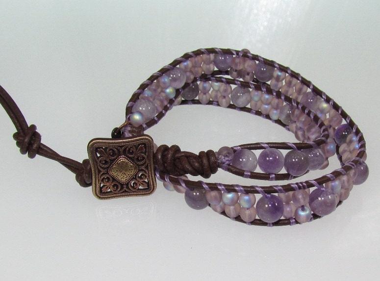 Amethyst and Czech Druk beads Wrap Bracelet