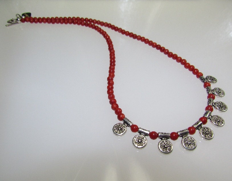 Red Bamboo Coral Antique Silver Plated Charms with flowers Necklace