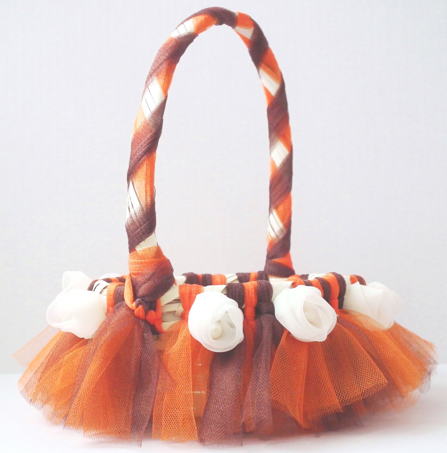 Tutu flower girl basket, fall themed - ivory basket with orange and brown tulle and ivory roses