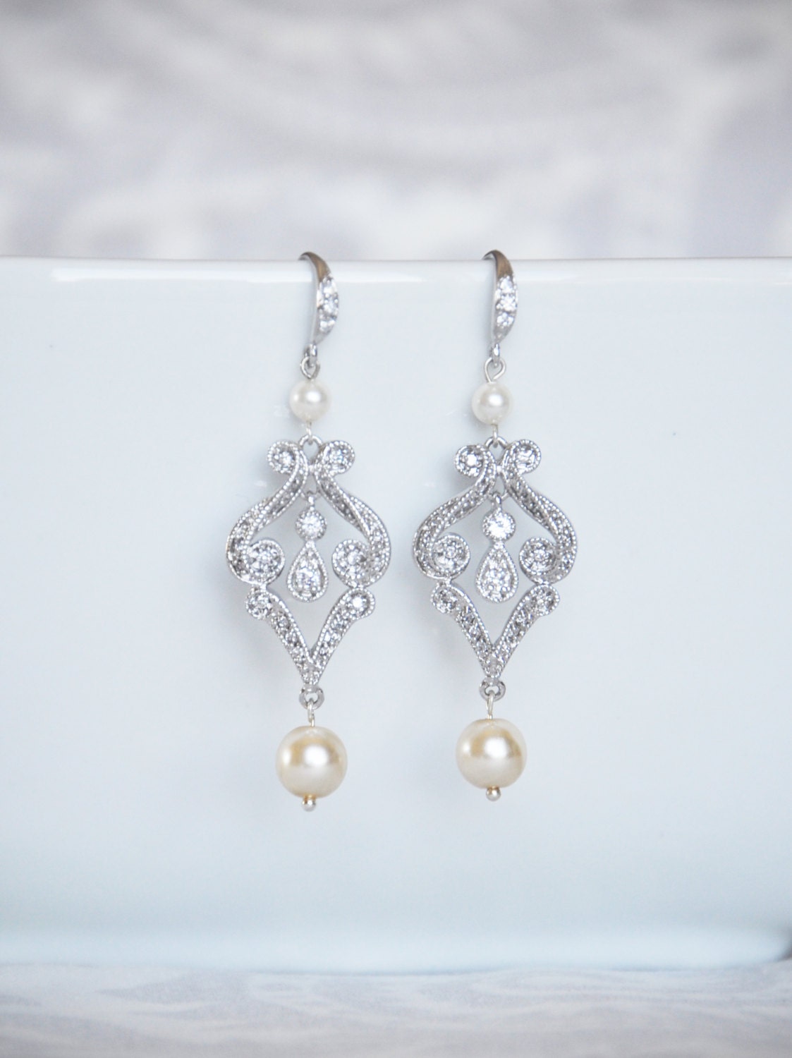 Crystal and Pearl Bridal Earrings, Bridal Earrings Pave Rhinestone and Pearl Scroll Earrings, Bridal Jewelry