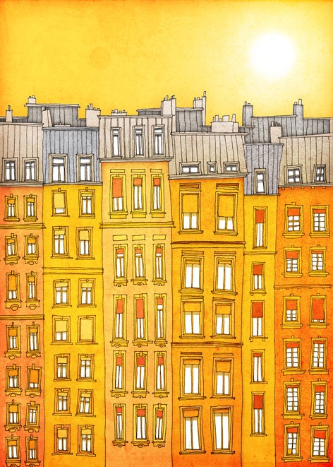 Paris illustration - Yellow facade - Fine art illustration,Fine art prints,Art Posters,Paris art,Yellow,Paris decor,Wall art,wall decor