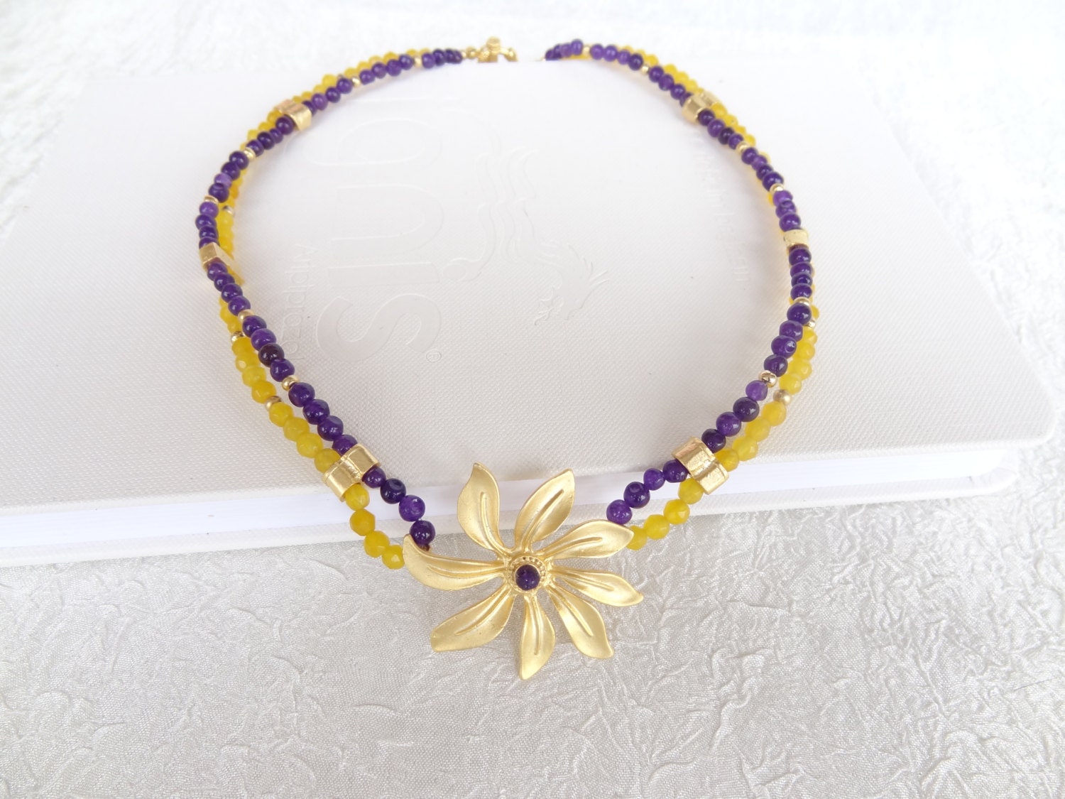 Amethyst,Sitrin Gem Stone Necklace- Gold Plated Necklace-Elegant Necklace-Purple ,Yellow Necklace-Solar Pendant Necklace OOAK Feminine