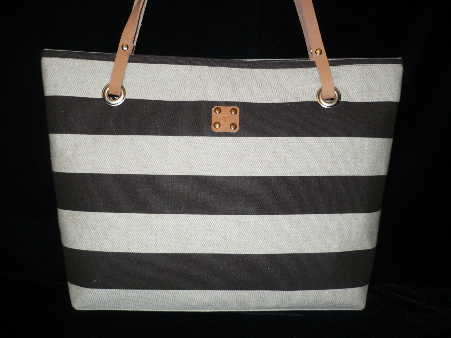 Brown/Beige Striped Canvas Bag Purse, Shoulder Bag w leather handles, Handmade