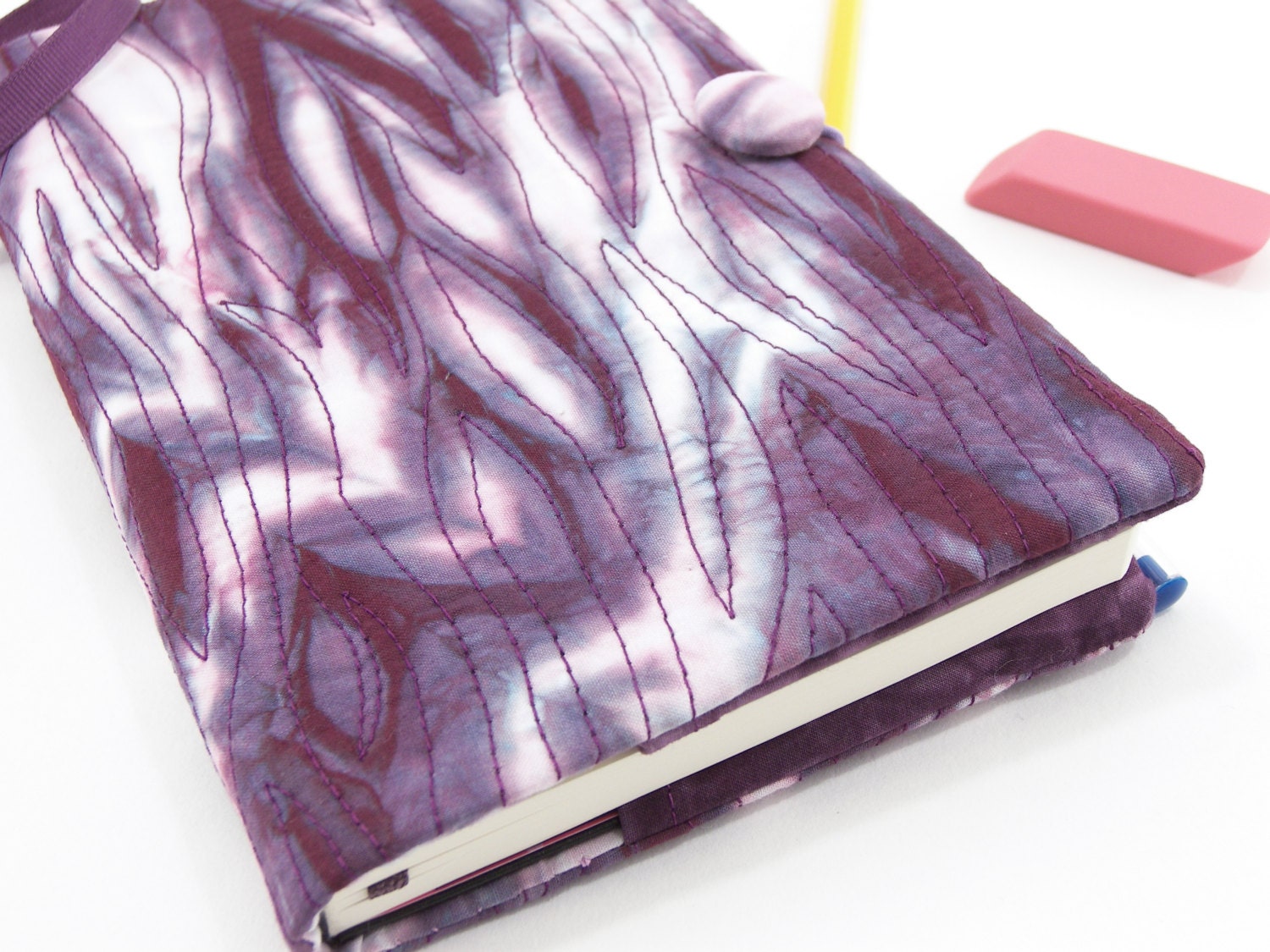 Purple Journal Slipcover, Moleskine Journal Cover, Fabric Diary - Quilted Purple Shibori Hand Dyed Cotton