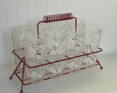 MATCHING Set of Eight Vintage Glass Tumblers, White Embossed Floral Pattern, Drinking Glasses Tumblers with Red Wire Caddy Rack Holder