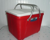 1960s Cooler and Picnic Basket Combination, Alpine Ice Chest, Insulated Picnic Basket, Red and White, Lift Off Lid