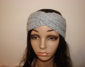 Wool Blend Hand Knit Headband Turban Style Twisted Silver Light Grey Woman Teen Crochet Ski ear Warmer Chunky Very Soft