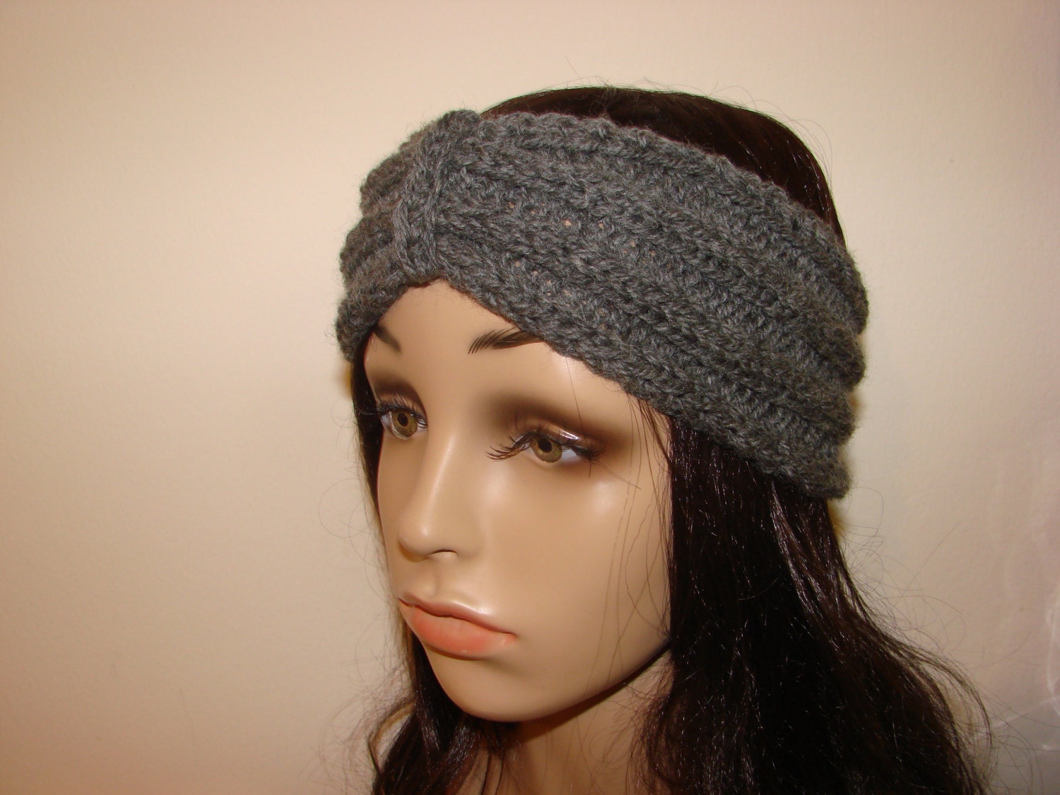 Sale Soft Wool Hand Crochet Knit Turban Headband Woman Teen Young Adult Dark grey Ash very soft ski earwarmer neck warmer