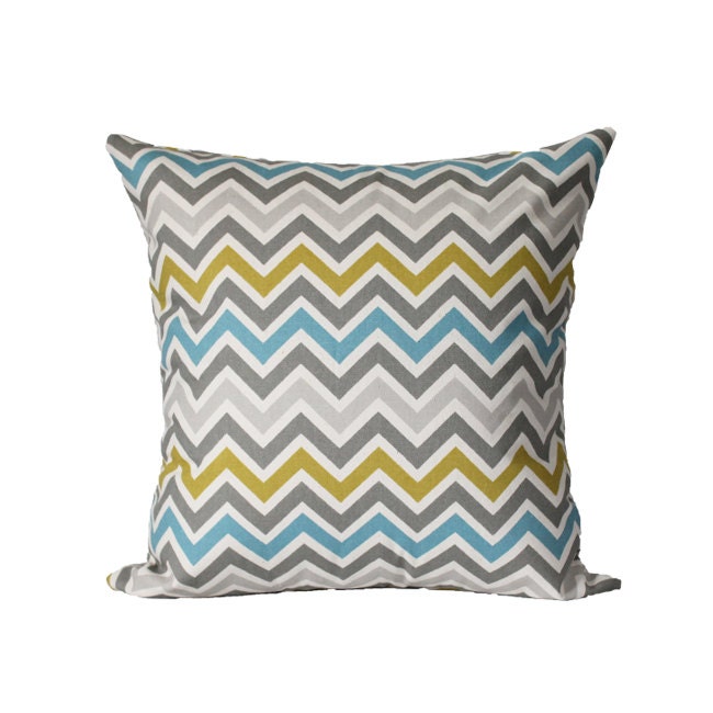 Summerland Yellow, Blue, Grey Chevron Pillow Cover 16" x 16" Hidden Zipper Closure