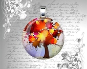 Fall Tree on a Purple Haze Background - 1 Inch Glass Circle Photo Pendant Necklace