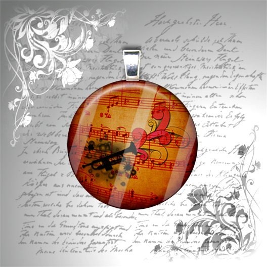 Grunge Trumpet - Sheet Music Background - Blues Trumpet - 1 Inch Glass Circle Photo Pendant Necklace