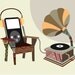 Vintage / Modern Art Print - Mid Century Modern Chair Poster - Retro I phonograph Office Kitchen Art - Taupe, Brown, Yellow, Beige, Grey