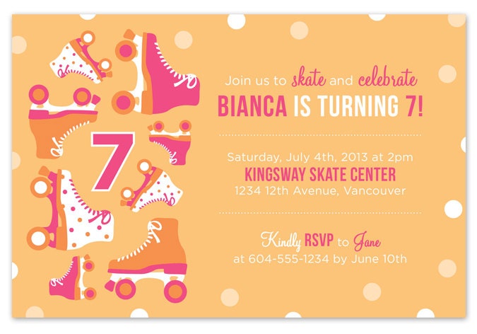 Roller Skating Birthday Party Invitation - Pink Orange Yellow Polka Dots