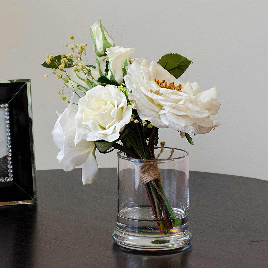 Real Touch White Rose Mixed Cylinder Glass Vase