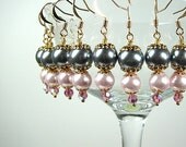 Bridesmaid jewelry Pink and grey pearl bridesmaid earrings Beaded earrings Drop dangle earrings Prom bridal wedding jewelry Beaded jewelry