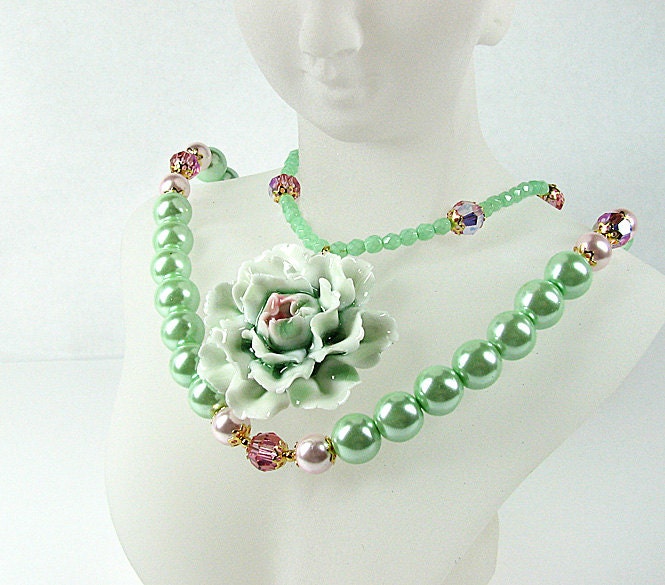 Mint green pearl necklace Multistrand floral pendant necklace Pink Swarovski crystal beaded necklace Multi strand bridal beaded jewelry