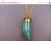 Memorial Day Sale Tibetan Brass Turquoise Horn Necklace - Boho Celebrity Style