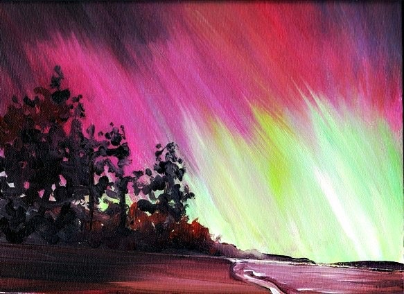 SALE -Aurora Borealis Northern Lights Original Acrylic Landscape Painting 9 X 12 Canvas