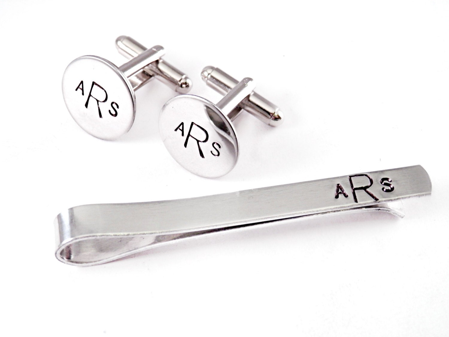 Personalized Tie Bar and Cuff Link Set- Hand Stamped Aluminum Tie Bar - Stainless Cuff Links  - Gift For Him - Wedding Gift - Fathers Day