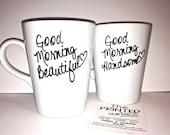 Latte mug couple set of 2 mugs set -good morning beautiful and handsome set perfect couple gift wedding gift, housewarming Gift