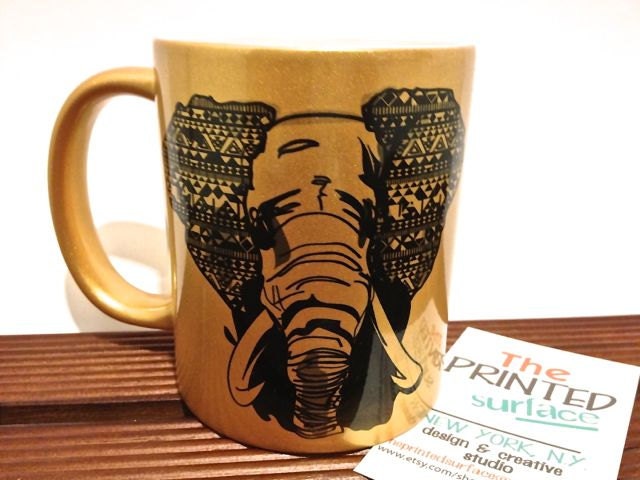 Golden Elephant Tribal Printed Pattern mug - black all over printed pattern gold mug