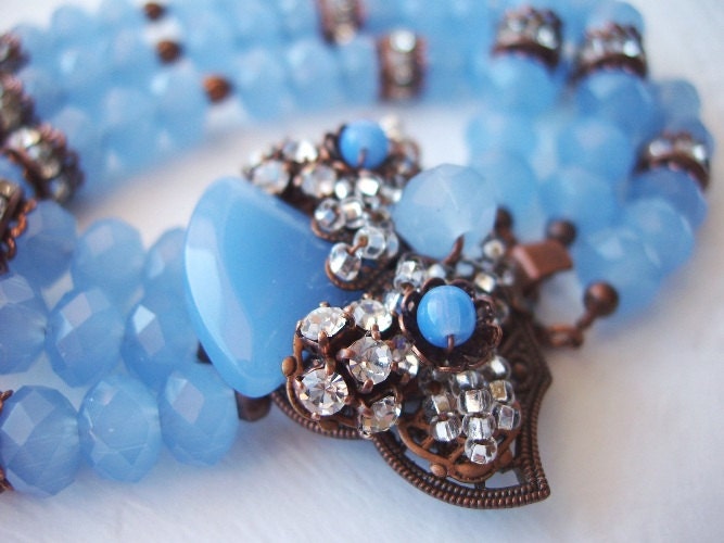 Light Blue Rhinestone Bracelet with Glass Beads and Swarovski Rhinestone Antique Copper Art Nouveau Style