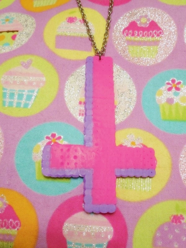 Pastel Upside-Down Cross - Perler Bead Necklace