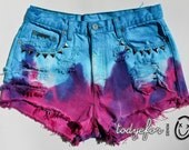 Ombre Dyed Denim Shorts High Waisted Studded Denim Shorts Vintage Jean Cutoffs
