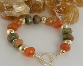 Unakite Jasper, Carnelian, Gold Bead Bracelet, Green, Orange, Gold Bracelet
