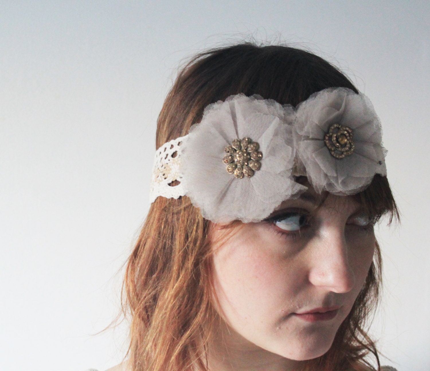 NEW IN: Cream Antique Lace Headband with Flower Details and Ribbon Fastening - FREE Shipping