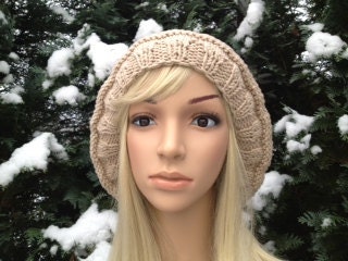 Oversized Beehive Beret Hat in Beige, Hand Knit Beige Hat