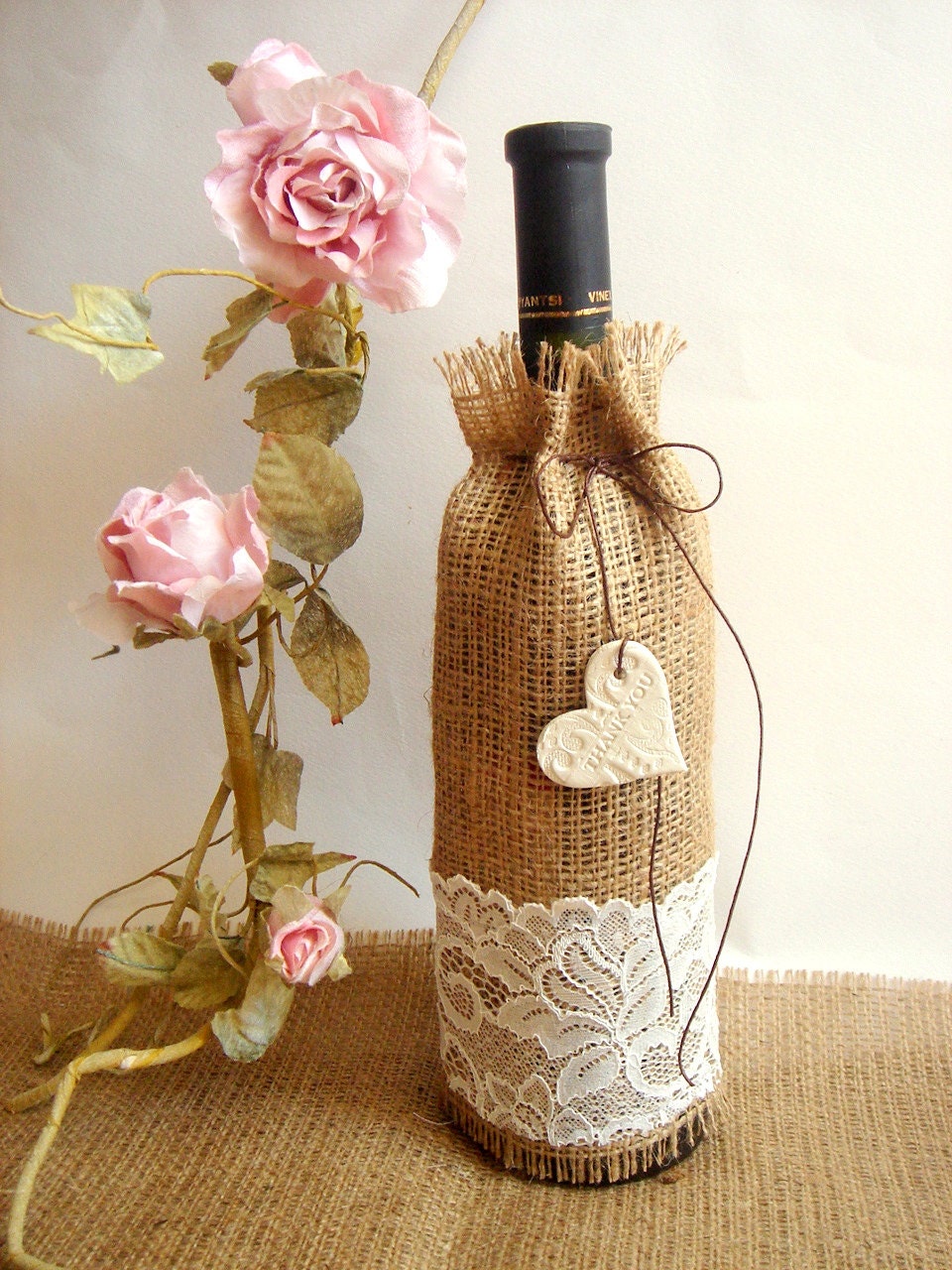 Burlap Wine Bag with clay hearts favor,Rustic Wine  Pockets