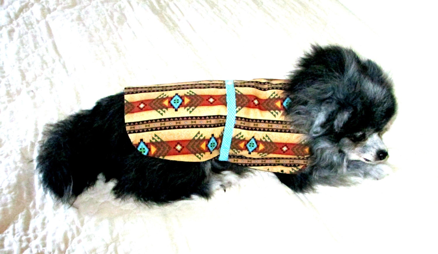Cotton Little Dog's Coat Navajo Print - Rust, Tan, Black & Turquoise with Trim Made to Order