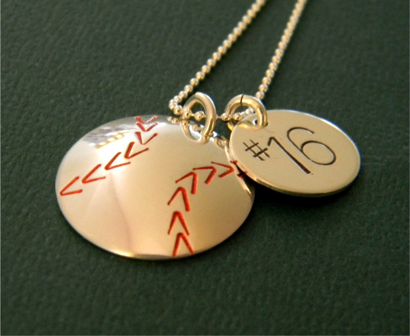 Solid Sterling Silver Softball, Baseball Custom Made Hand Stamped Personalized Sports Necklace with Ball and Number