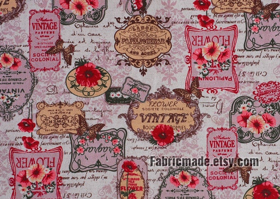 Retro Ancient Fabric, French Country Fabric,  Linen Cotton Fabric, Vintage Rose Butterfly Stamp Letters - 1/2 Yard